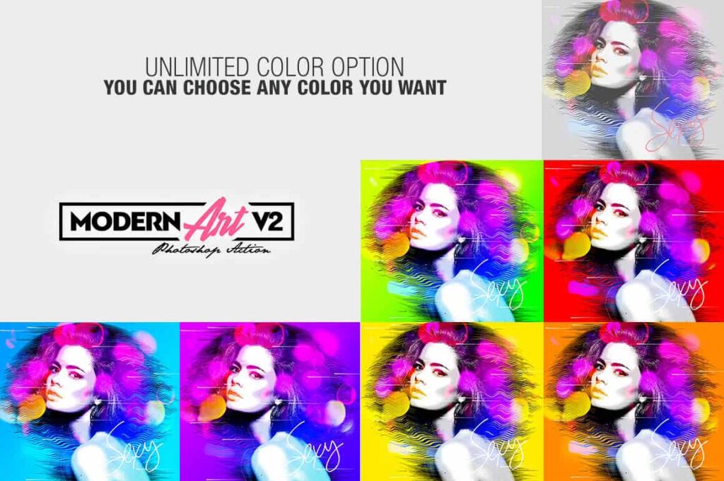 Thid image displaysy the unlimited color options in modern art photoshop action