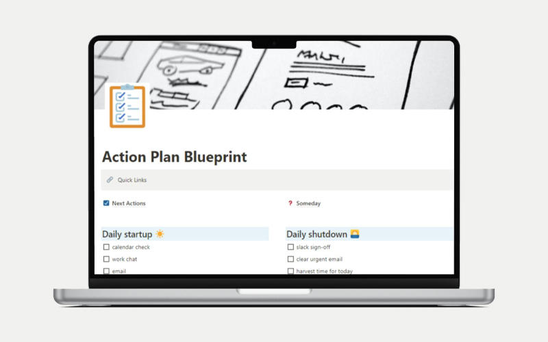 Action plan blueprint on a laptop mockup