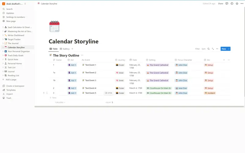 Calendar storyline template