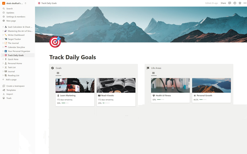 Daily goals tracker notion template