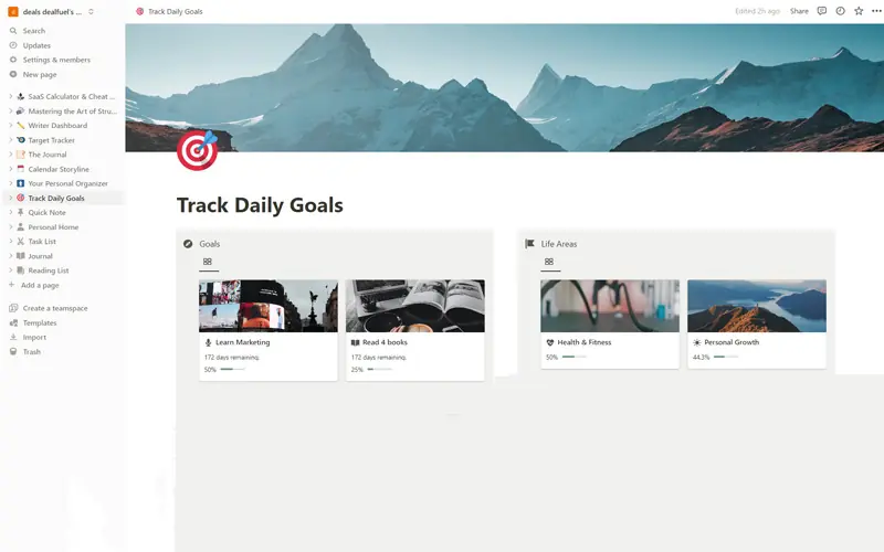 Daily goals tracker notion template
