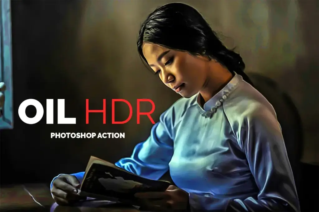 image an asian woman reading with oil paint theme and a text that says Oil HDR.
