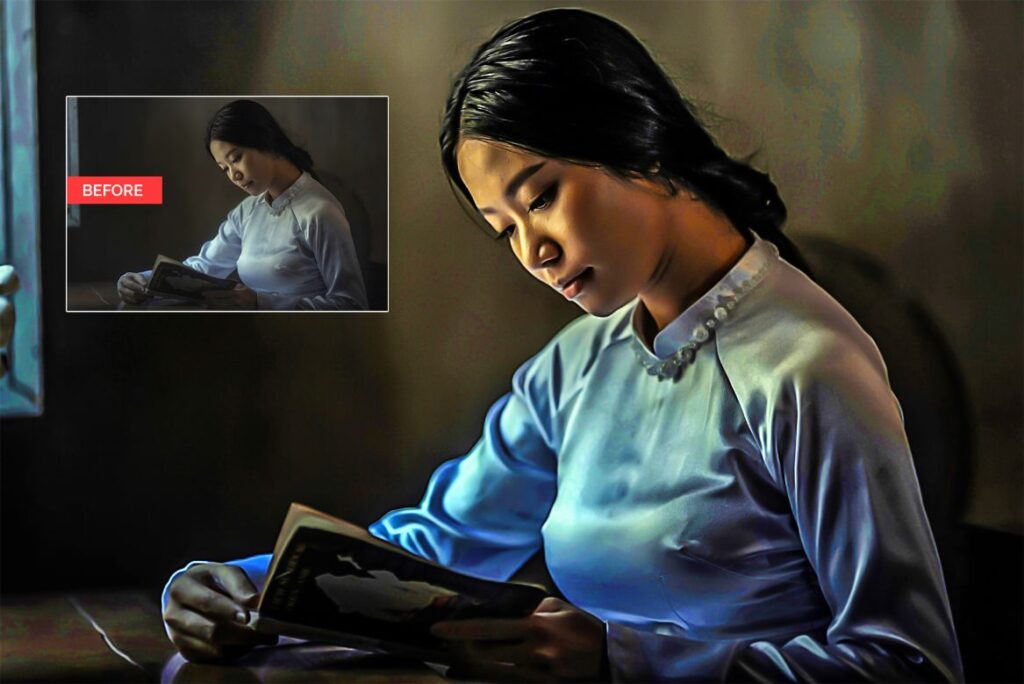 image an Asian woman reading with oil paint theme
