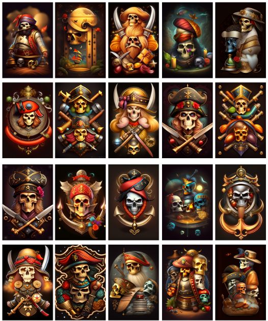 collage of pirate skulls images on sword and anchors