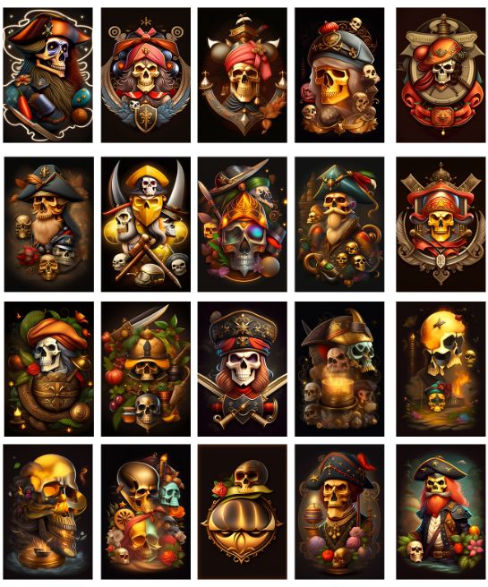 collage of pirate skull images and pirate skull jolly roger