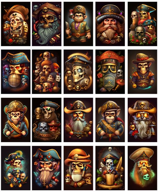 collage of pirate skull images with beard