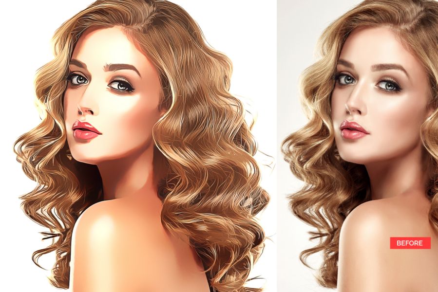 comparison photo of digital art of a blonde girl posing and it's real image.