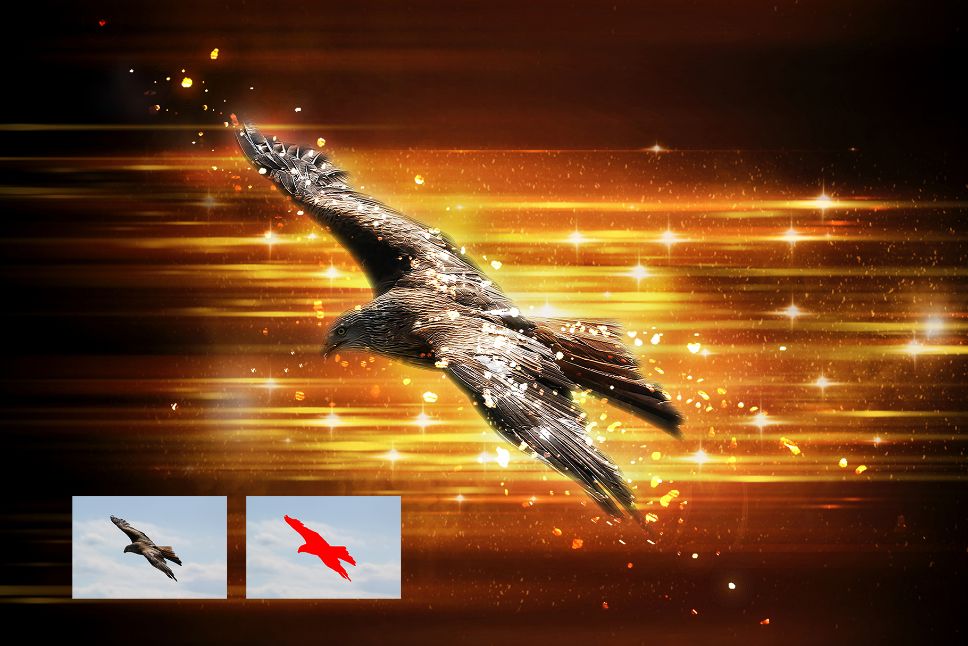 digital art of a hawk with golden ray background with two small images.