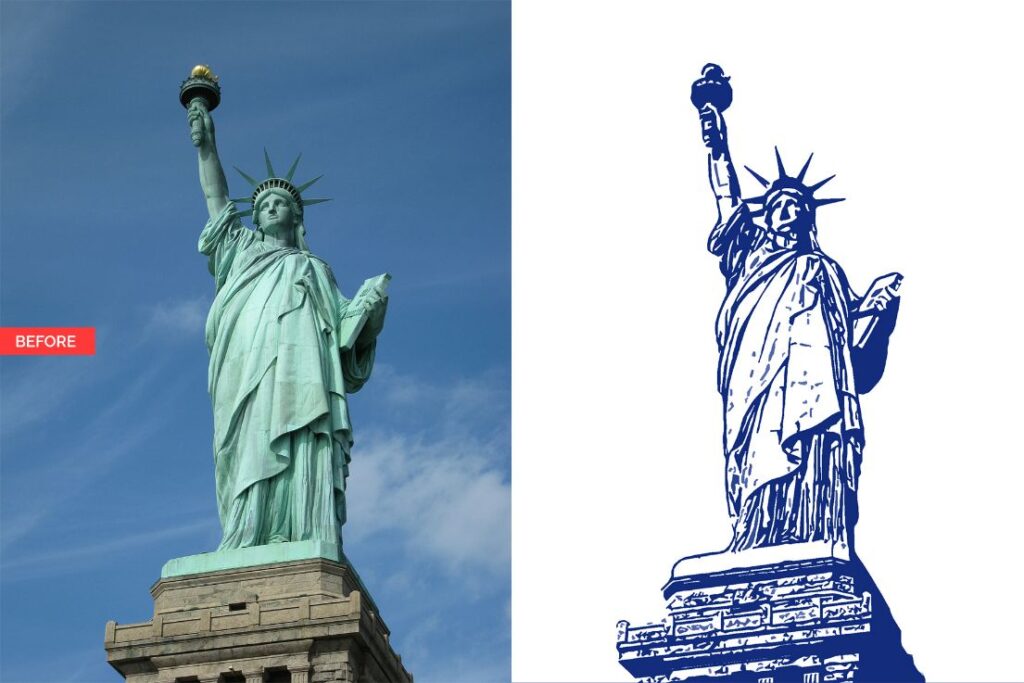 comparison photo of the statue of liberty and a stamp art of statue of liberty.