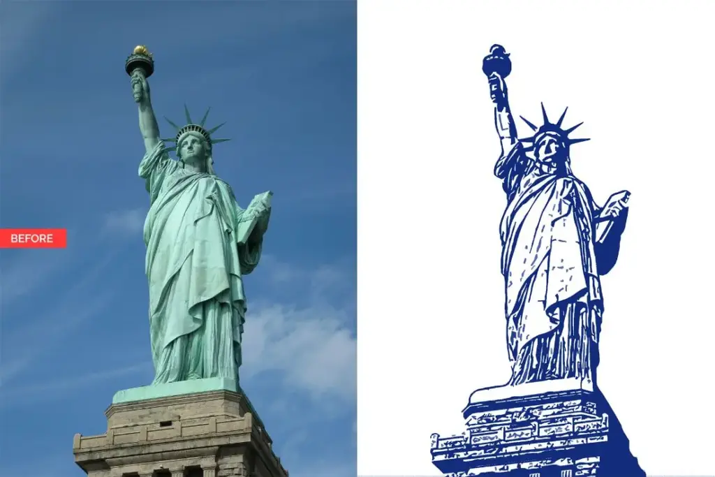 comparison photo of the statue of liberty and a stamp art of statue of liberty.