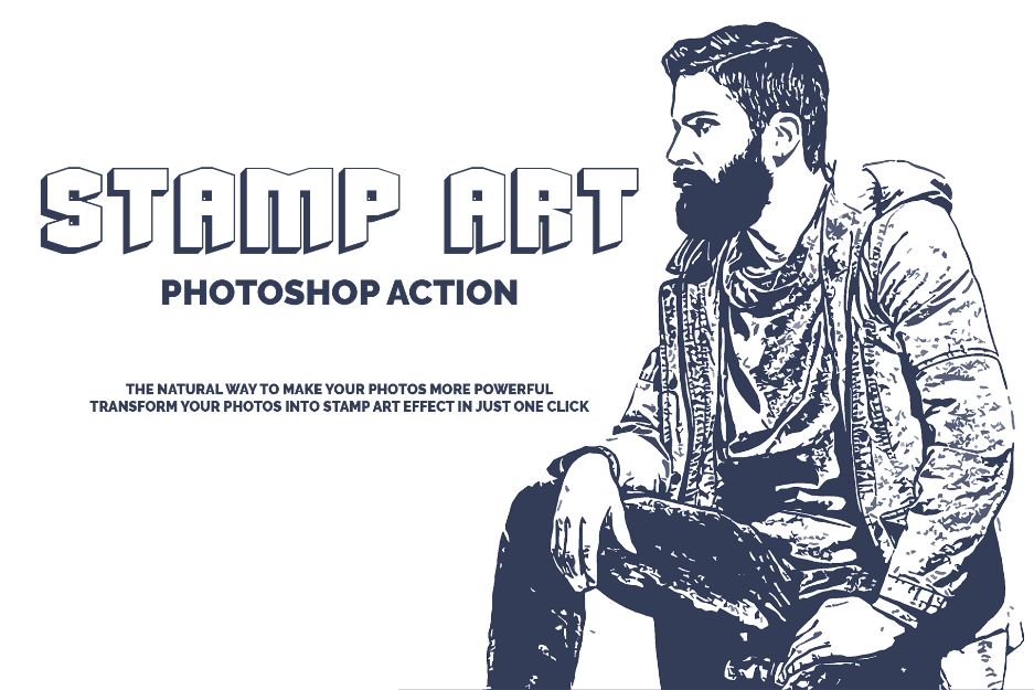 stamp art of a bearded man sitting side ways.