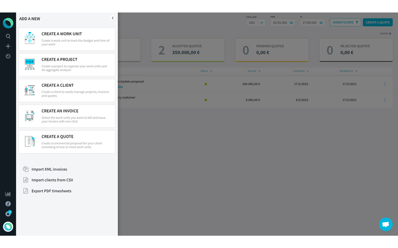 Add new tool displaying options to create various fields of work like work unit, project, client, invoice and quote.