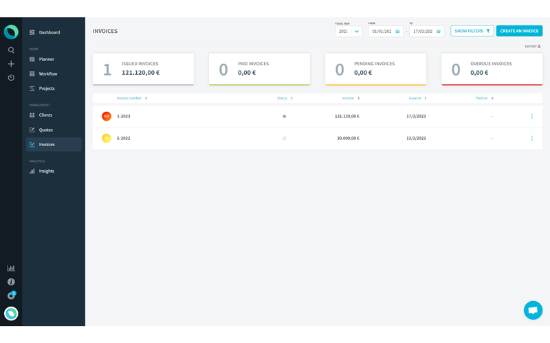 invoices tool displaying total number of invoices, issued invoices, pending invoices, paid and overdue invoices