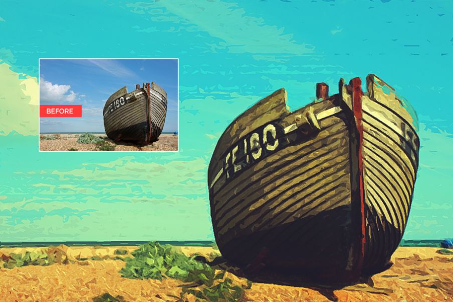 comparison photo of a digital painting of a broken boat with its real photo