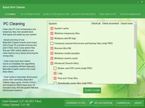 This image is displaying black bird Pc cleaner clean your PC from unnecessary and temporary files which frees valuable hard disk space and speeds up your system.
