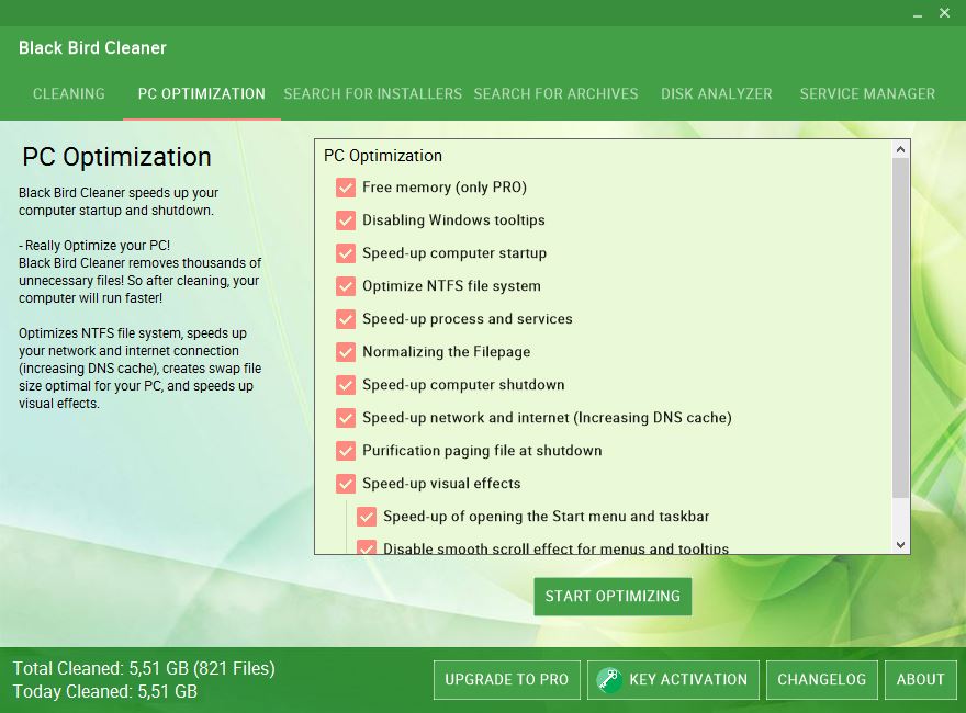 This image is displaying how balck bird speeds up your computer startup and shutdown, optimizes NTFS file system, creates swap file size optimal for your PC.