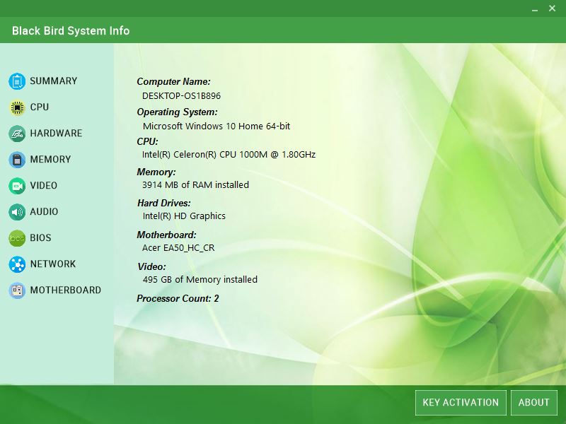 This displays black bird system info interface