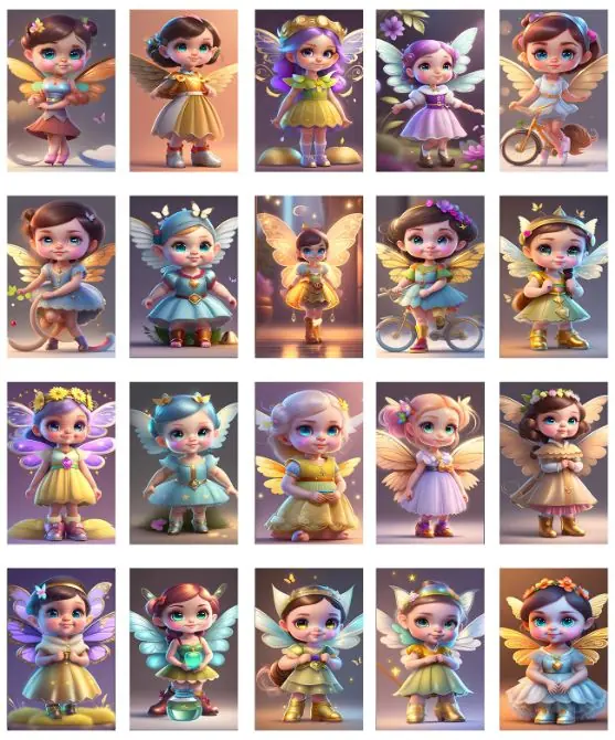 Collage of charming and whimsical cute cartoon fairy images