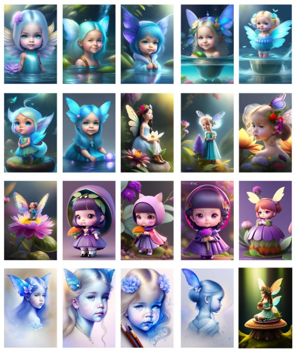 Collage of childlike cute cartoon fairy images