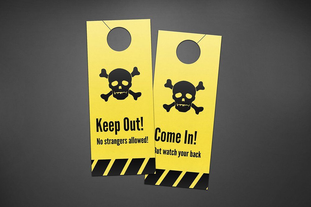 image of two yellow and black colored door hanger mockup with a skull on it