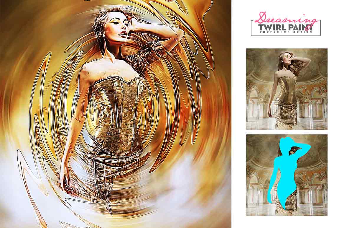 Photograph of a woman wearing a golden dress and a gold background