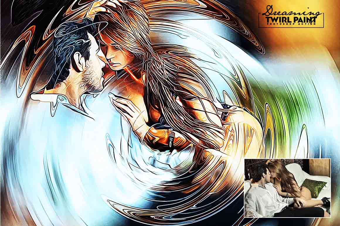 Dreaming Twirl Paint Photoshop Actions showcasing a man embracing a woman