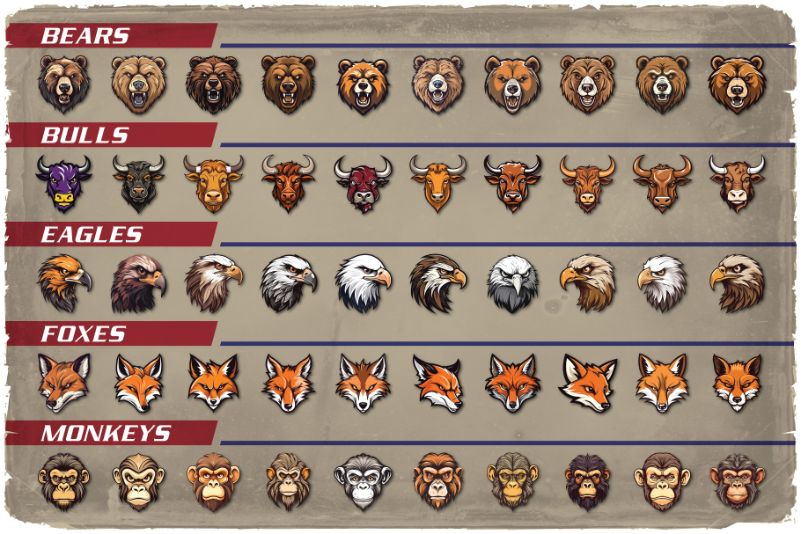 This image displays the graphics of foxes, eagles, bulls, bears and monkeys included in themascot t-shirt design graphics bundle - animal clipart vector