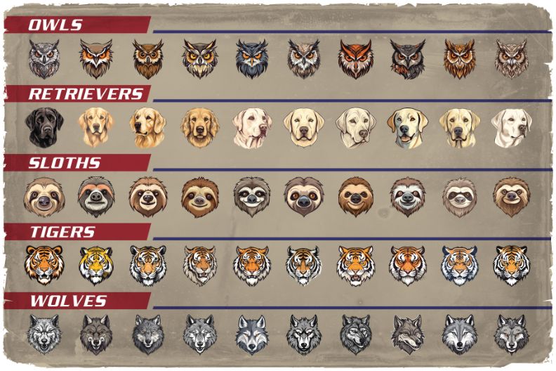collage of graphics of owls, retrievers, sloths, tigers and wolves included in the mascot t-shirt design graphics bundle - animal clipart vector