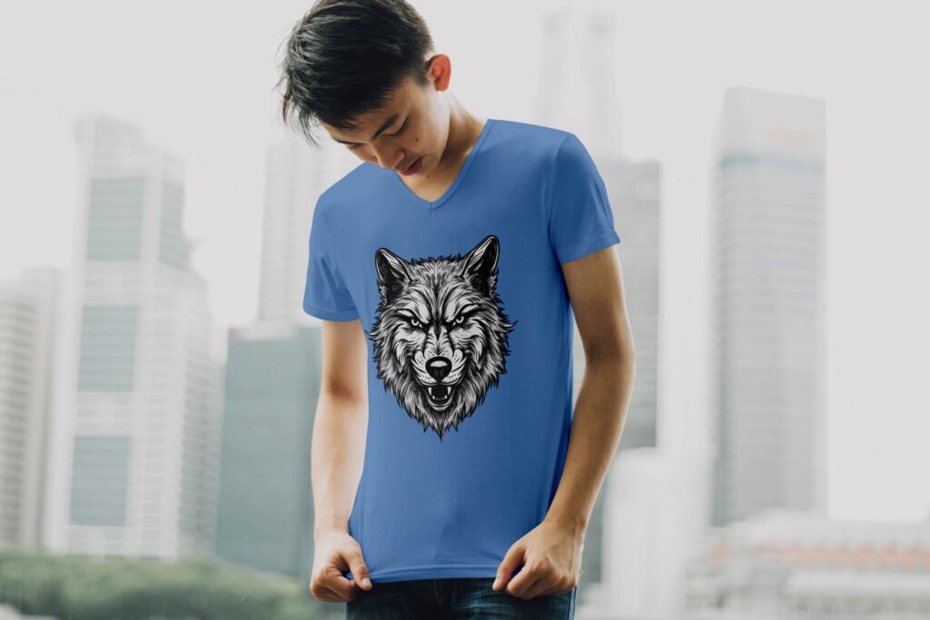 This image displays a wolf's graphic printed on a t-shirt