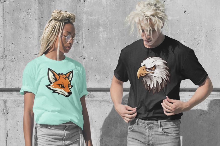 This image displays a fox's and eagle's graphic printed on a t-shirt