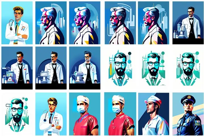Collage of men wokrings as doctors and nurses.