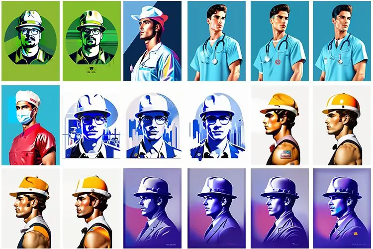 Collage of men working in professions like medical field and construction site.