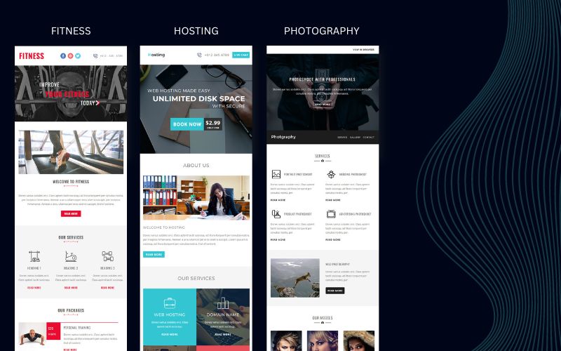 This image is a collage of fitness, hosting and photography email templates.