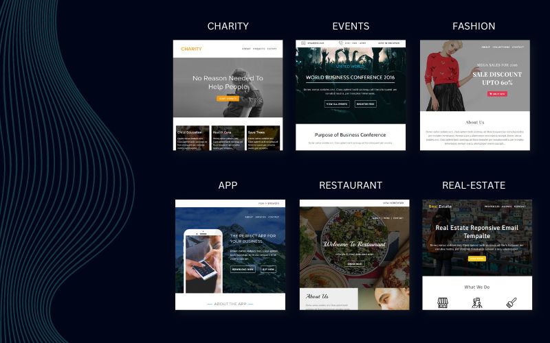 This image is a collage of charity, events, fashion, app, restaurant, real-estate email templates, Email Marketing Templates