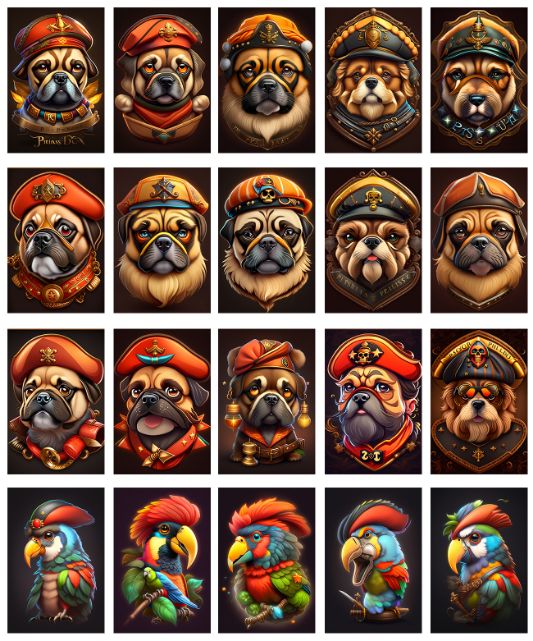 collage of dogs and parrots as pirates.