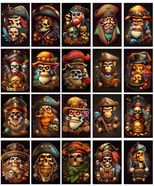 collage of pirate skull images with monkeys as pirates.