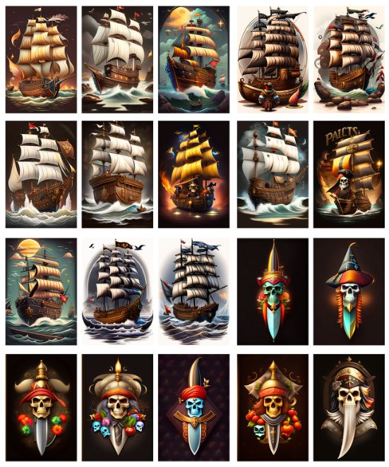 collage of pirate ships and pirate skull knifes.