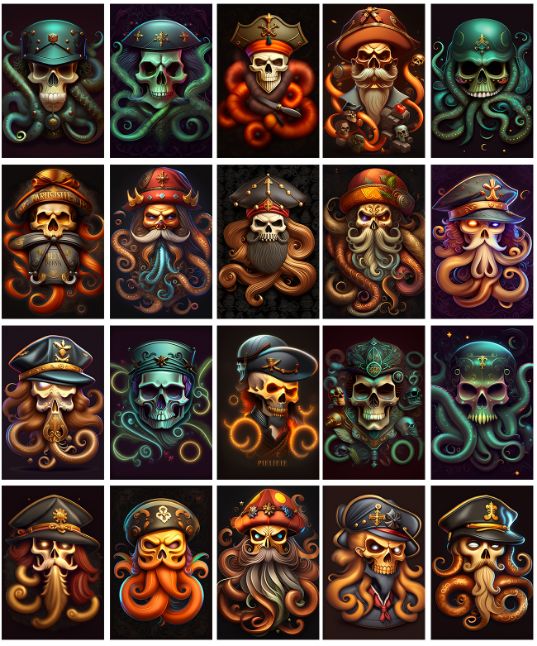 collage of octopus pirate skull images