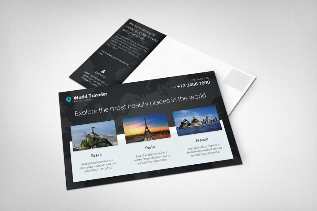 image of black colored business mockups post cards with international travelling information