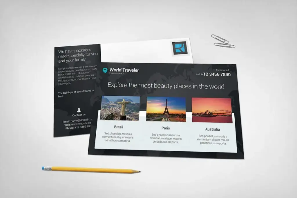 image of black colored business post card mockups with international travelling information