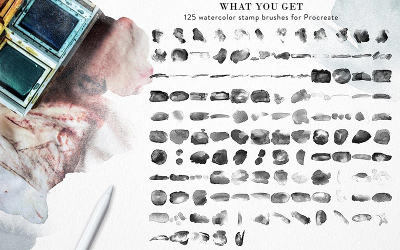 This image is displaying the watercolor stamp brushes bundle.