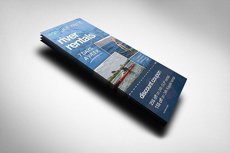 image of a blue colored rack card mockup about river rentals