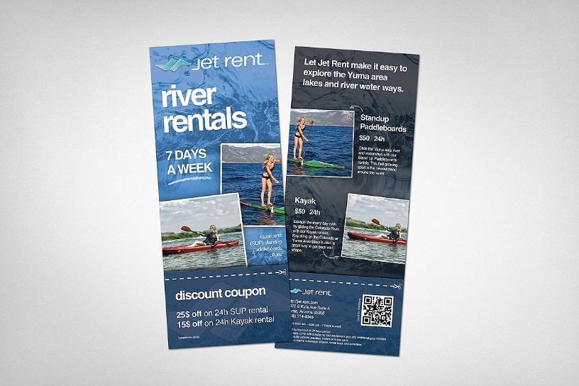 image of a blue colored rack card mockup about river rentals with information about the rentals