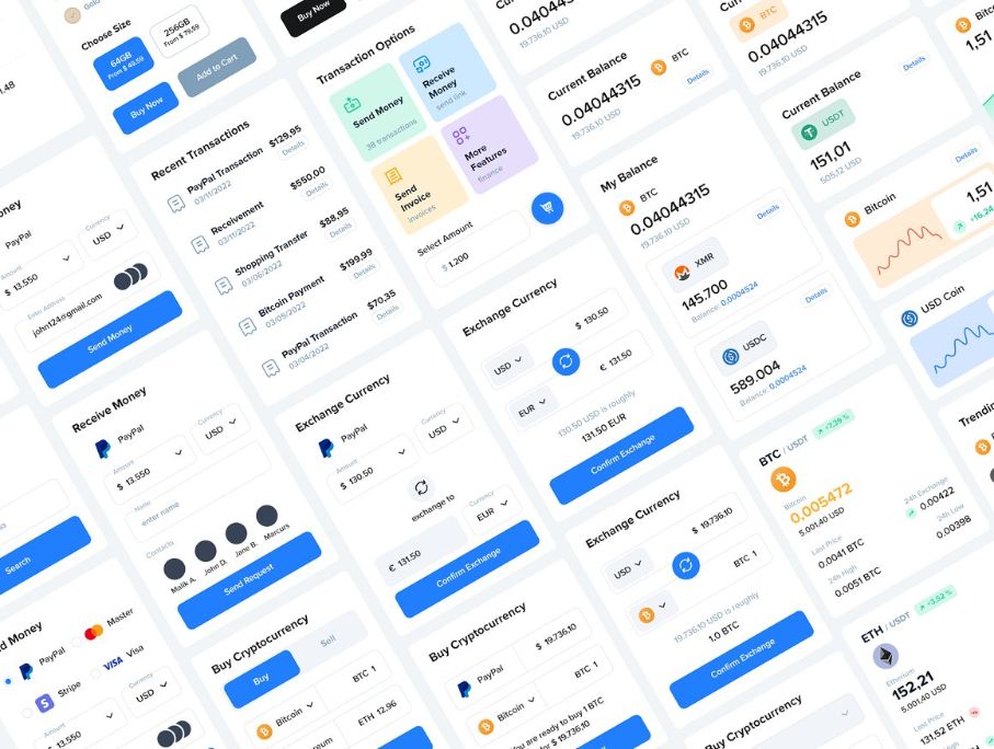 This image displays the UI cards and blocks used in finance and payment