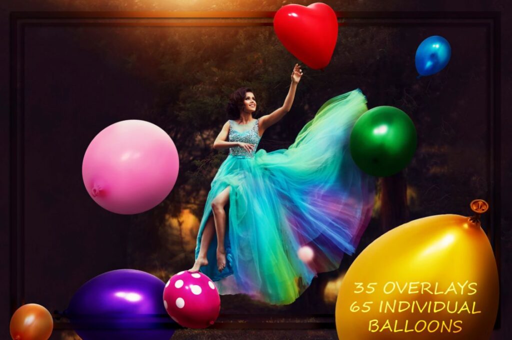 girl in blue dress surrounded with balloons.