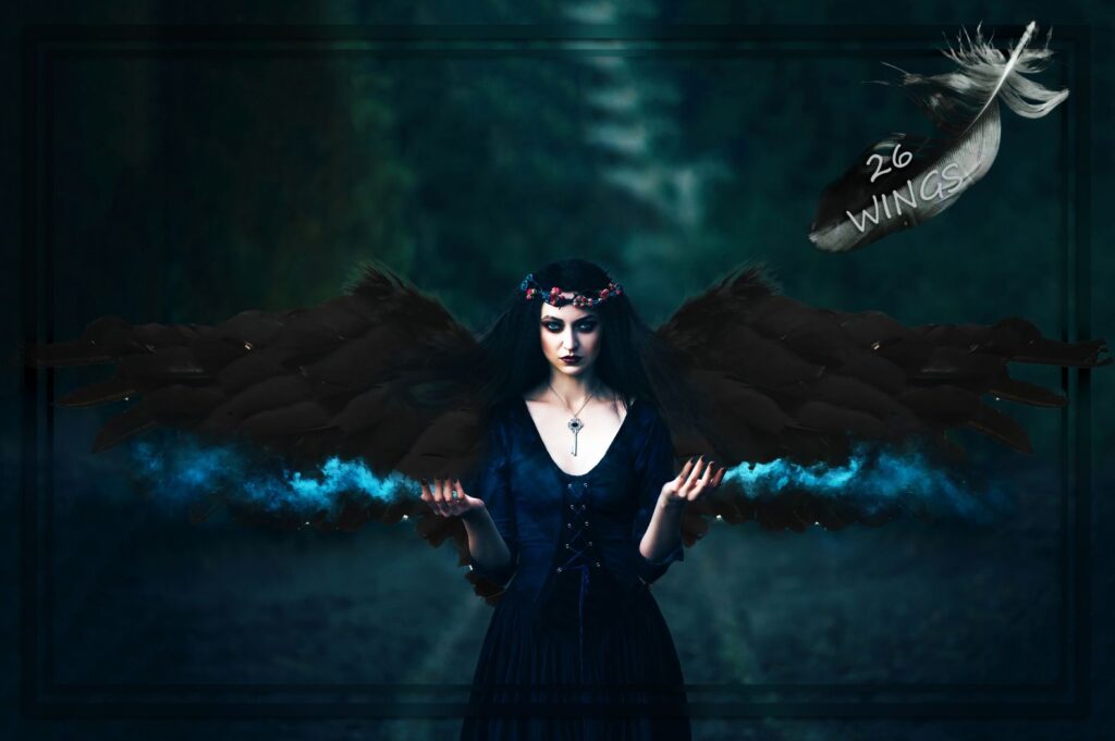 image of a girl in black dress with black wings.