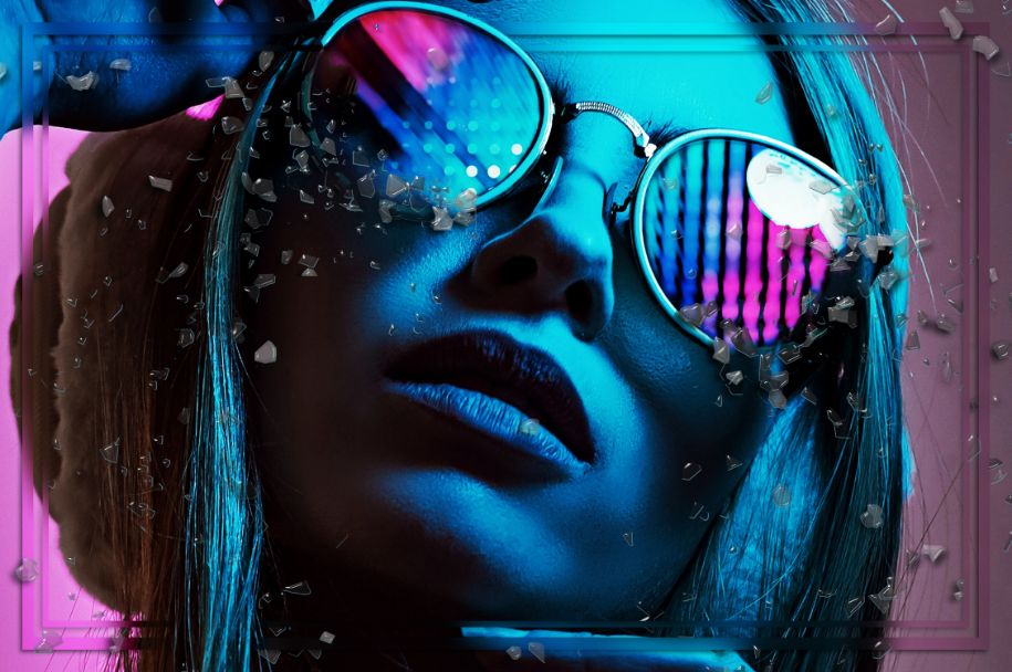 Girl with glasses in pink and blue theme.