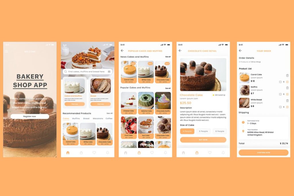 Collage of bakery shopping app's user interface.
