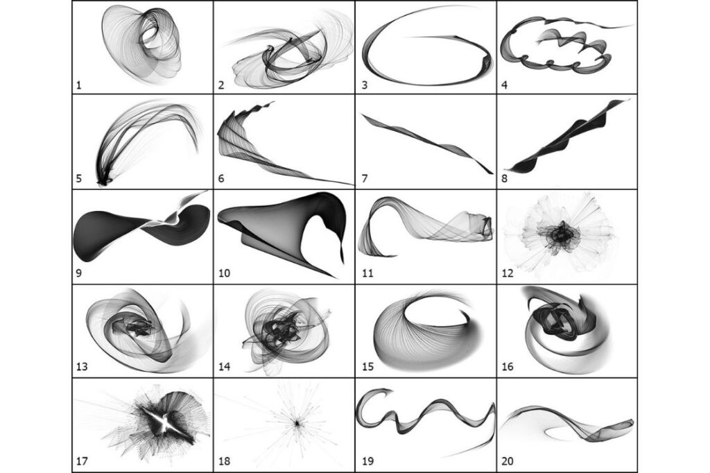 Collage of 20 images with black wave patterns.