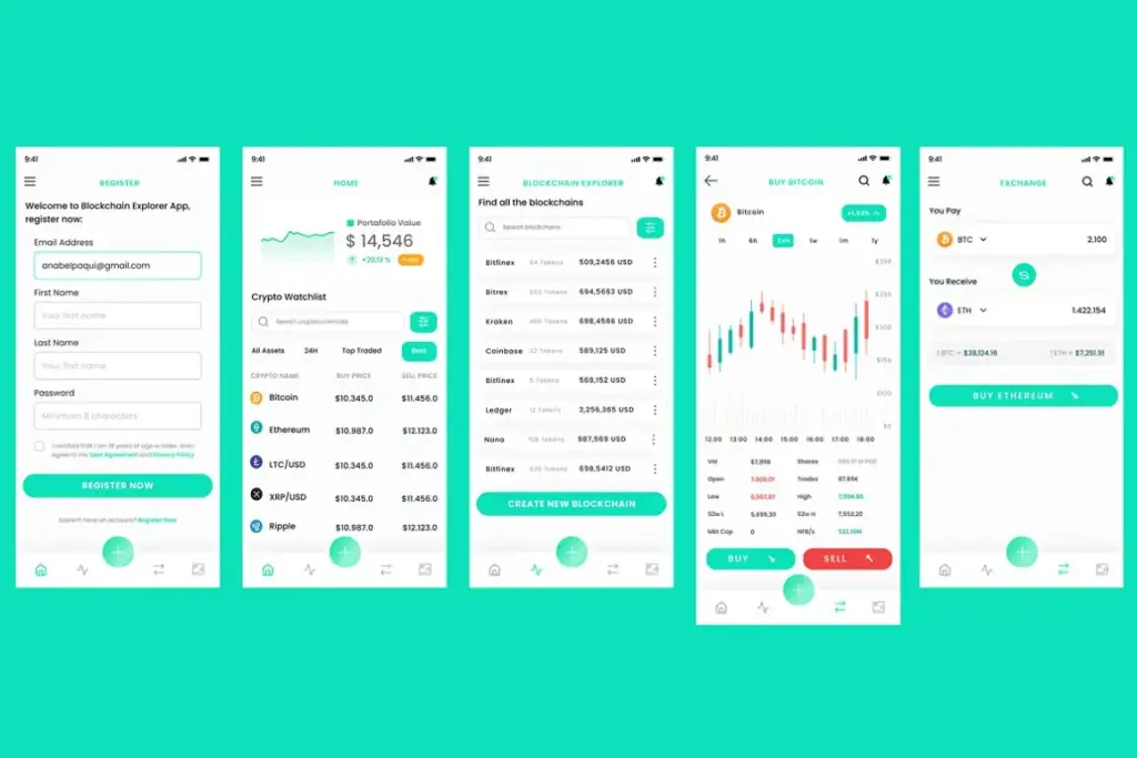 Collage of User interface of block chain and crypto explorer app - figma mobile ui kit.